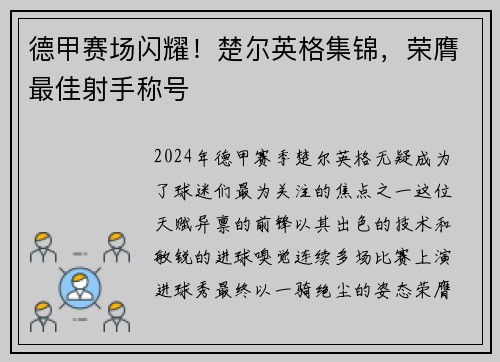 德甲赛场闪耀！楚尔英格集锦，荣膺最佳射手称号